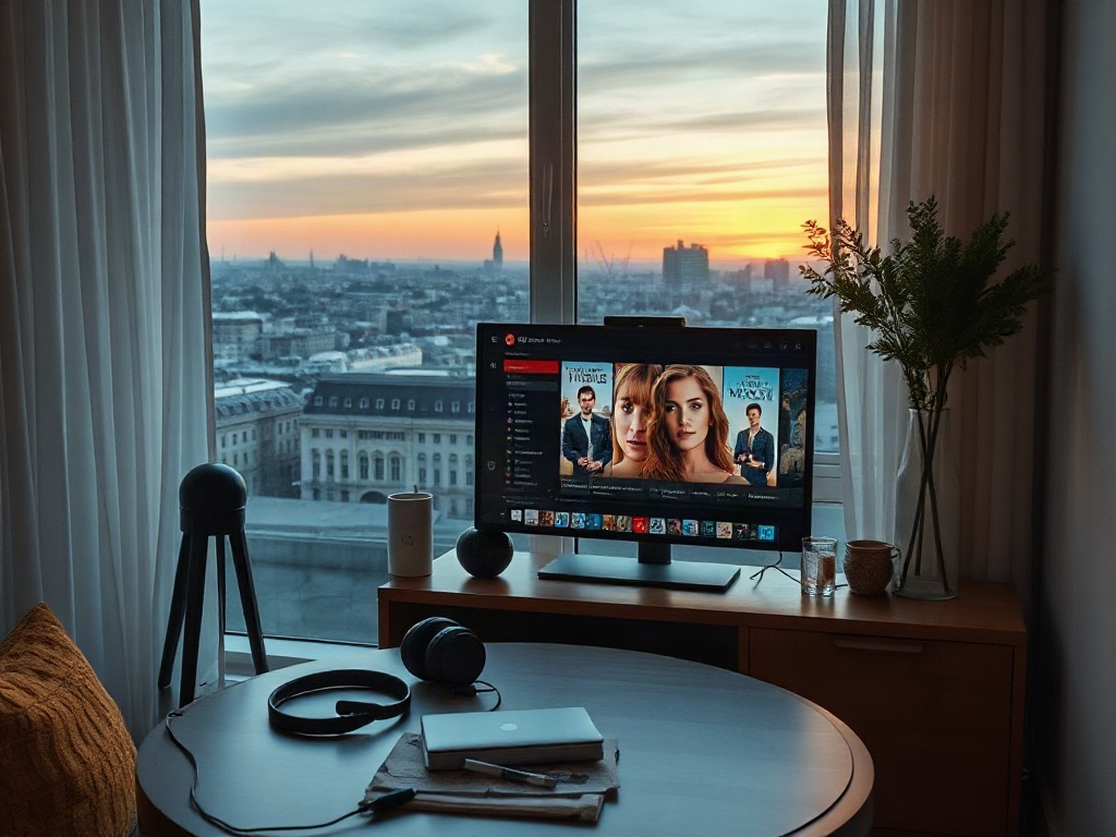 Современный интерьер с телевизором, на котором фильмы, и видом на город на закате. Уютная атмосфера.