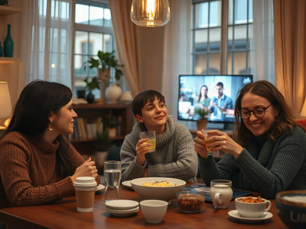 На встрече друзей за столом, они смеются и пьют, смотрят телевизор. Тёплая обстановка и уютная атмосфера.
